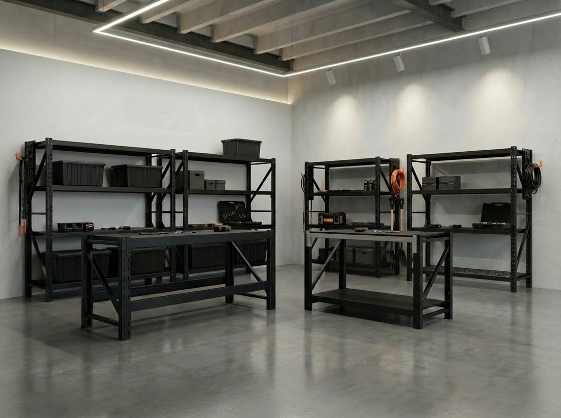 Black powder-coated medium duty garage shelving units with workbenches in modern workshop displaying tools and storage totes