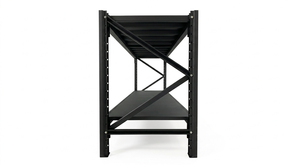 Close-up view of the workbench frame showing the X-pattern leg design and side support structure in black powder-coated steel