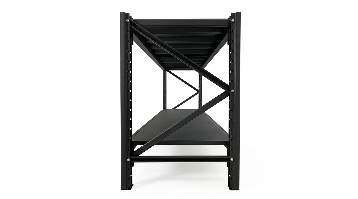 Close-up view of the workbench frame showing the X-pattern leg design and side support structure in black powder-coated steel