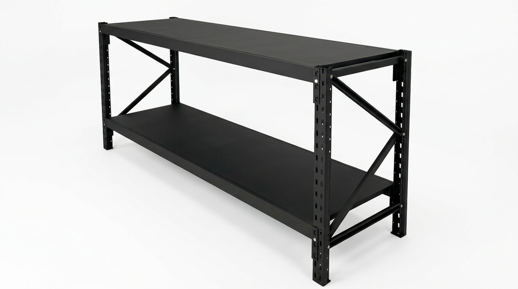 Black steel industrial workbench with two-tier shelving and X-frame legs, measuring 1.5m x 0.9m x 0.6m