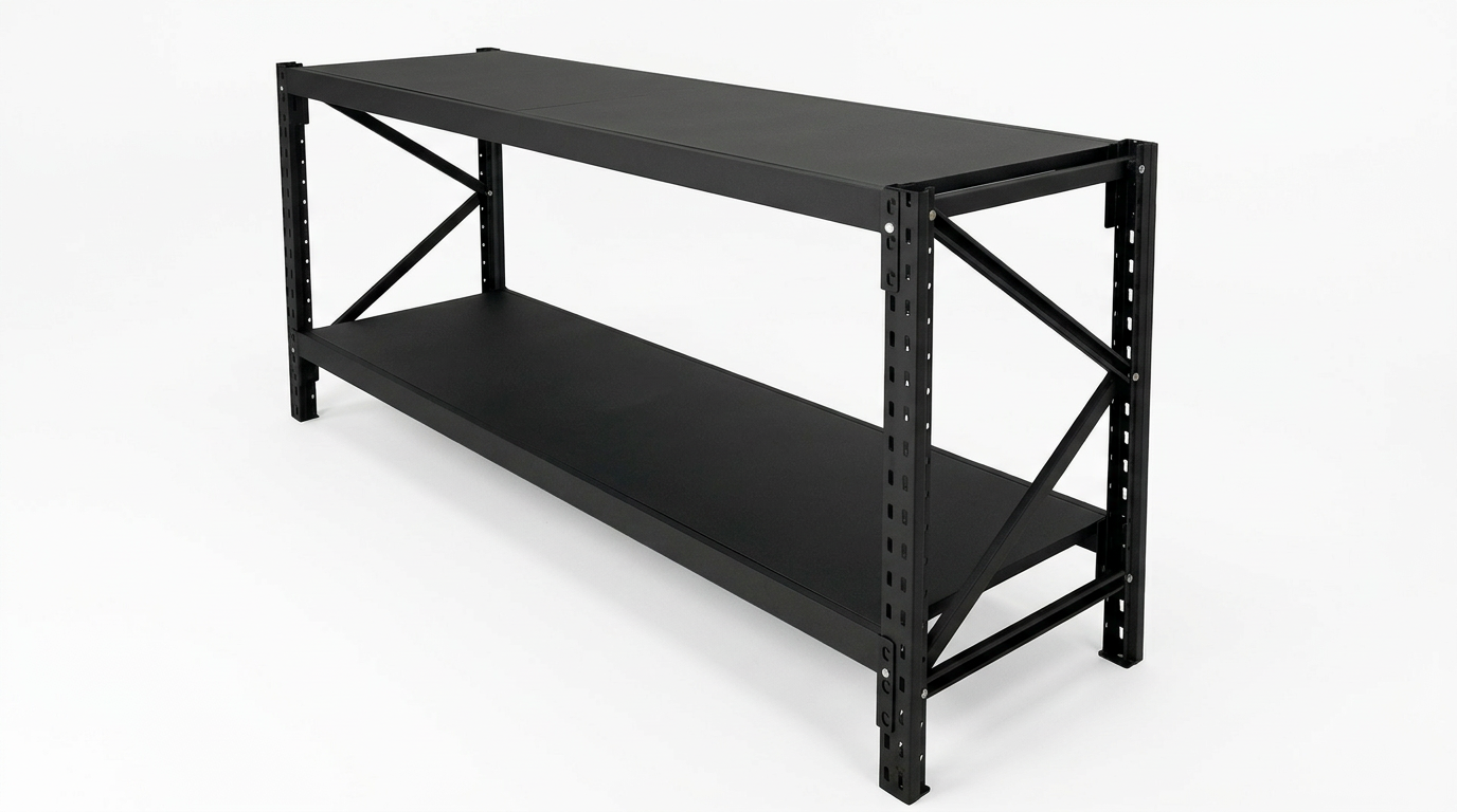Black steel industrial workbench with two-tier shelving and X-frame legs, measuring 1.5m x 0.9m x 0.6m