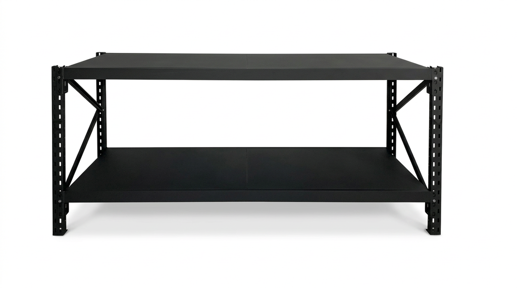 Top-down view of black steel workbench showing the dual shelf design and sturdy frame construction