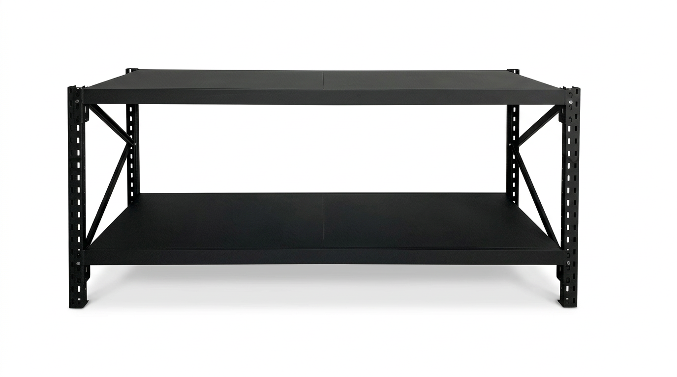 Top-down view of black steel workbench showing the dual shelf design and sturdy frame construction