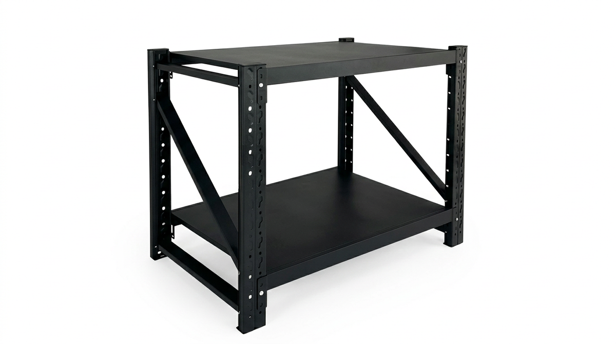 Black metal general use workbench with two-tier shelving and adjustable frame, measuring 1.0m x 0.95m x 0.6m