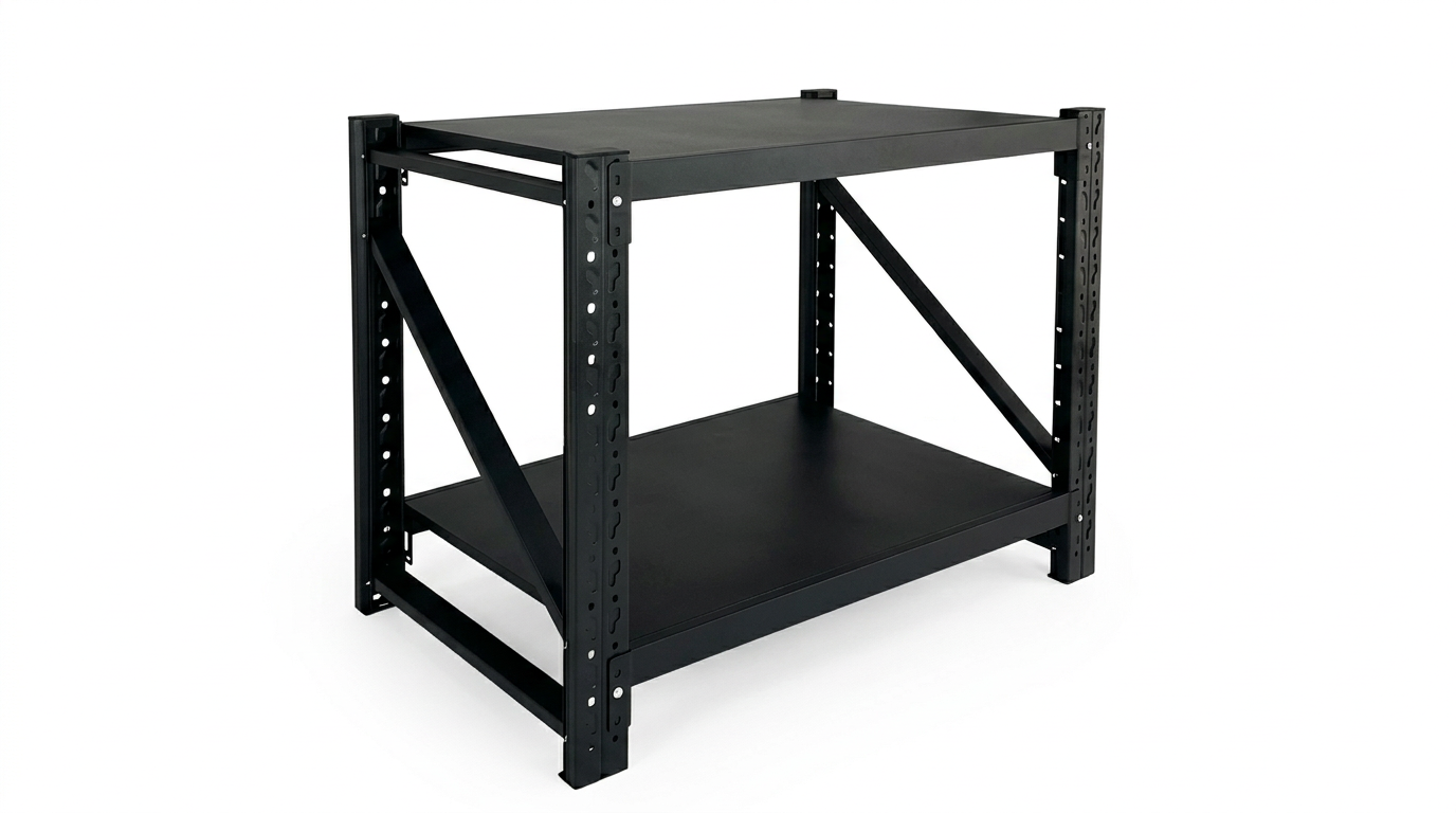 Black metal general use workbench with two-tier shelving and adjustable frame, measuring 1.0m x 0.95m x 0.6m