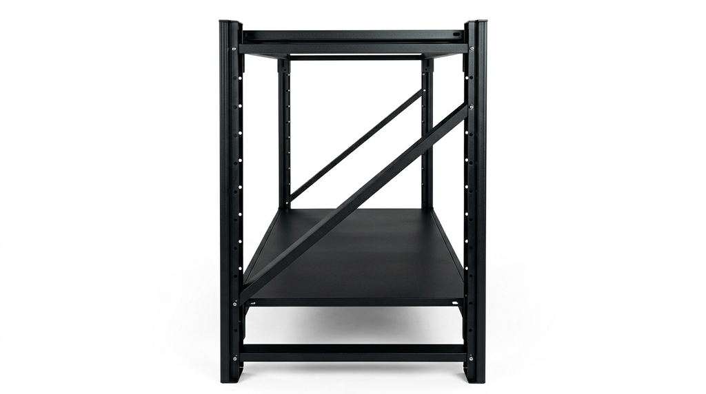 Black metal general use workbench with two-tier shelving and adjustable frame, side view measuring 1.0m x 0.95m x 0.6m
