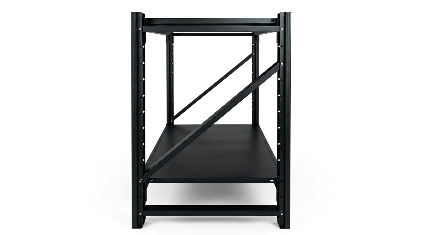 Black metal general use workbench with two-tier shelving and adjustable frame, side view measuring 1.0m x 0.95m x 0.6m