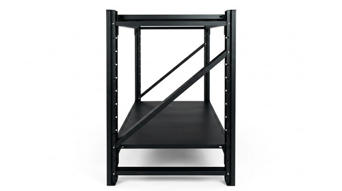 Black metal general use workbench with two-tier shelving and adjustable frame, side view measuring 1.0m x 0.95m x 0.6m