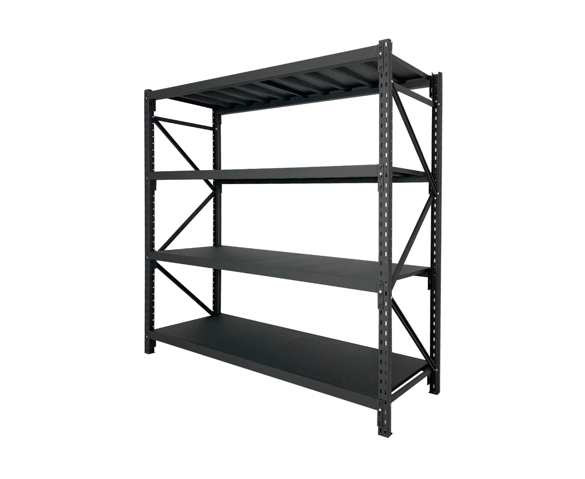 Heavy duty industrial steel shelving unit in black powder coating with four shelves, 500kg per shelf, three-quarter view