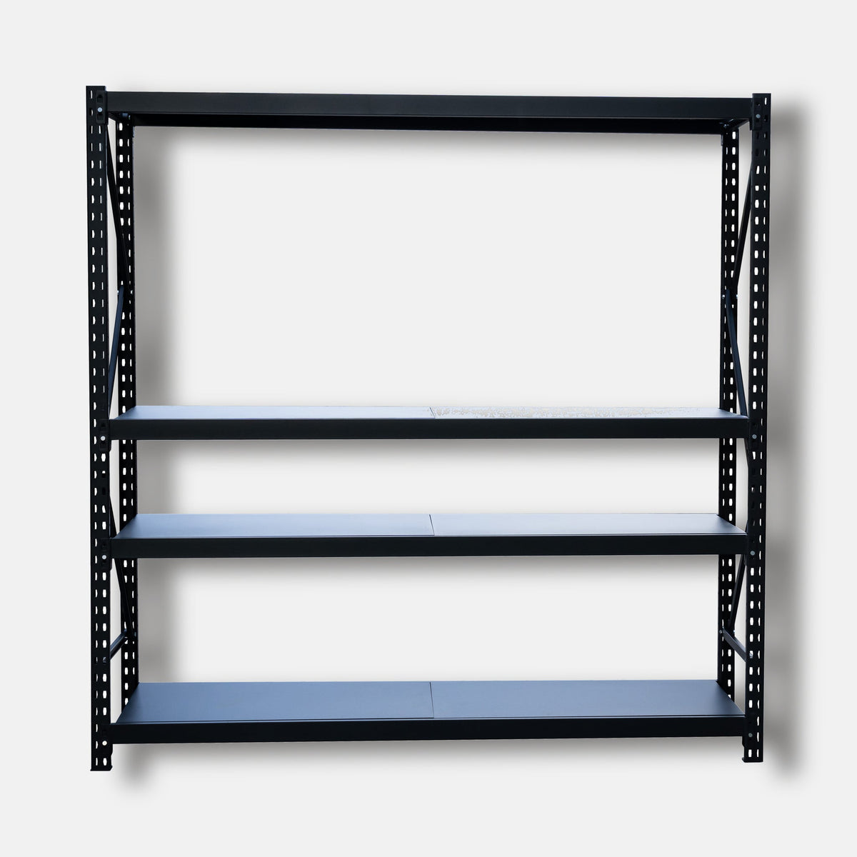 Industrial Use steel shelving bay, black powder coat, front view